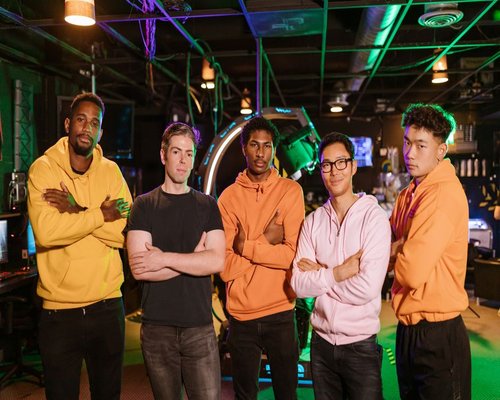 Community team completing a digital skyline level in the fictional Skyline Level Crew game